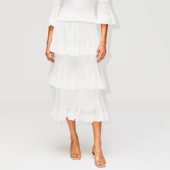 Zimmermann Cotton-Blend Rib-Knit Tiered Midi-Skirt Cream Size 2 (6-8) - Picture 2 of 14